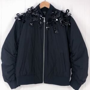 Express Floral Embellished Bomber Jacket Oversized Ruched Sleeves Size XS Black